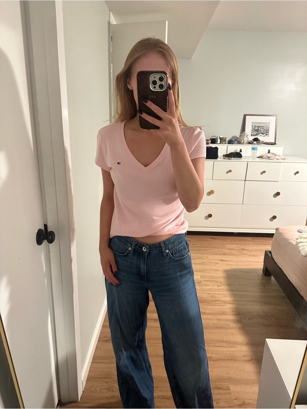 Classic Tommy Hilfiger  V-Neck Short Sleeve Top - Light Pink